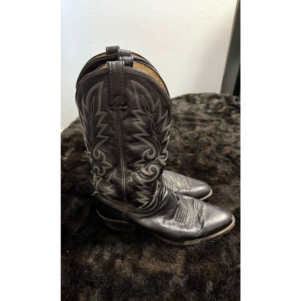 Dan Post Black Cowhide Leather VTG‎ Black Round Toe Cowboy Western Boots  10.5 D